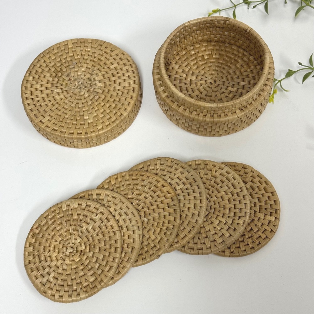 Vintage Woven Rattan Coaster Set of 6 with Matching Lidded Storage Basket